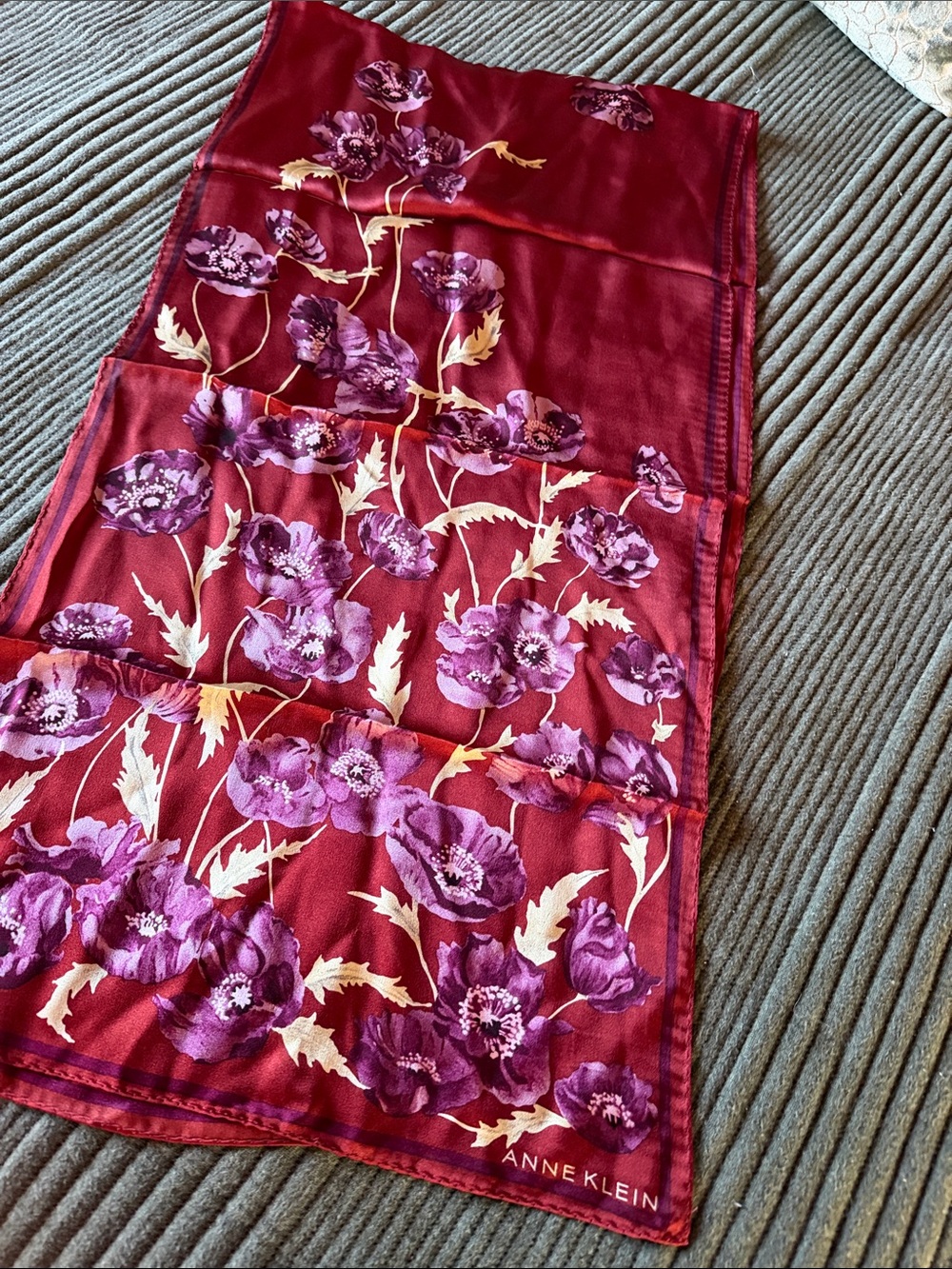 Anne Klein Burgundy Silk Scarf with Purple Floral Design 60”